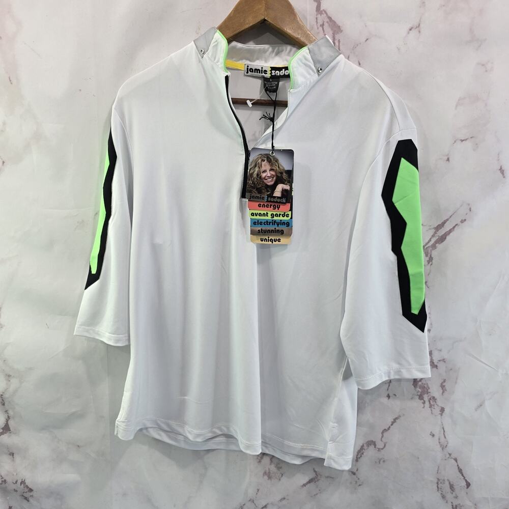 Jamie Sadock Shirt Womens Large White Green Zip Sunsense Cool Tron Mikado